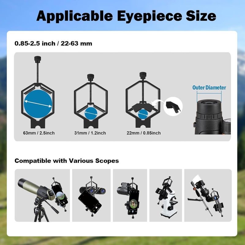 Vankey 2-Axis Phone Scope Mount, Universal Spotting Scope Phone Adapter, Metal Telescope Mount for Binocular, Monocular, Microscope - Fits Max 2.5" Eyepiece Diameter, for iPhone Android Phones - Image 4